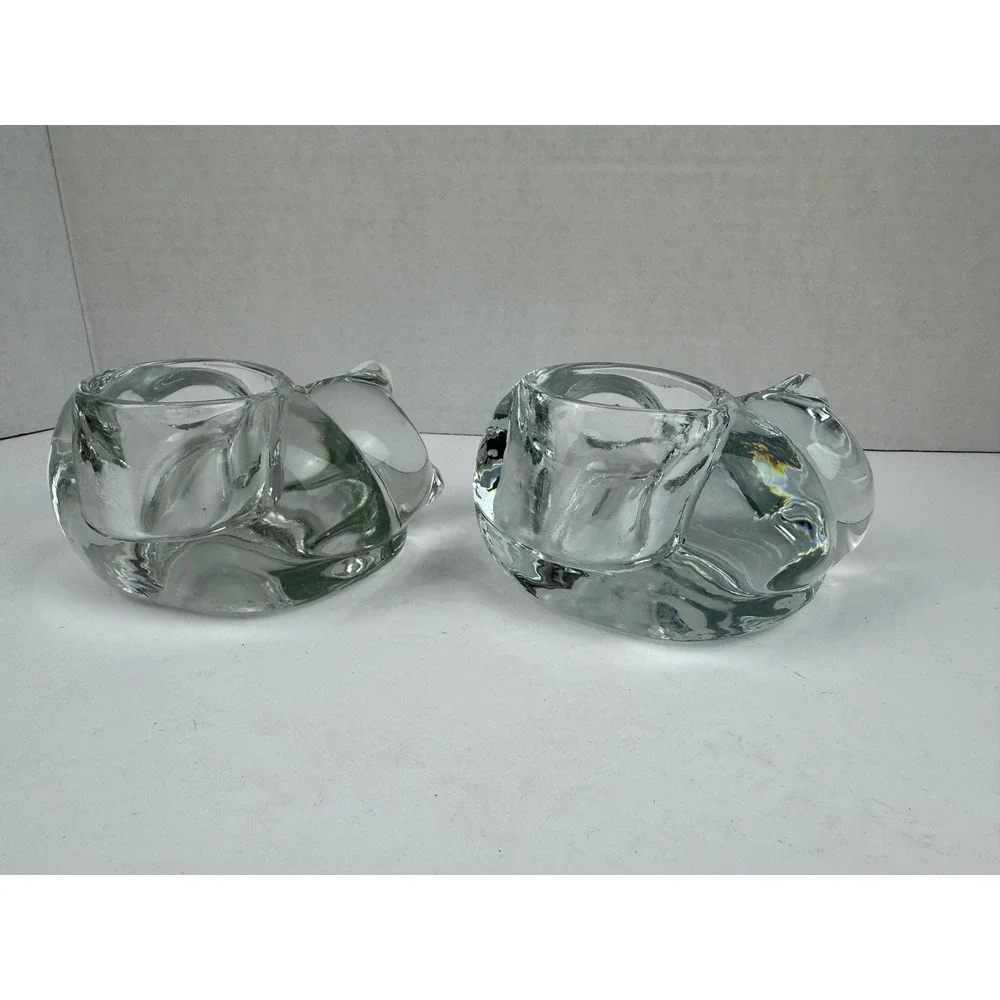 Vintage Indiana Glass Clear Sleeping Cat Votive Tea Light Candle Holders Set 2